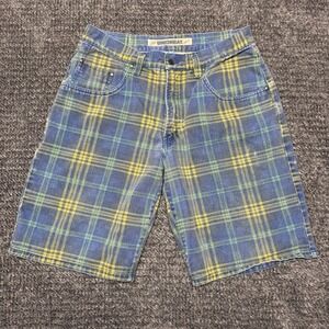 UNIONBAY VTG 90s Y2K AOP PLAID FADED BLUE YELLOW DENIM 100% COTTON SHORTS SZ 34